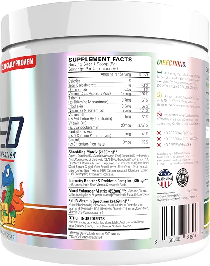 EHP Labs OxyShred Pre Workout Powder - Preworkout Powder with L Glutamine &amp Acetyl L Carnitine Energy Boost Drink - Gummy Snake 60 Servings