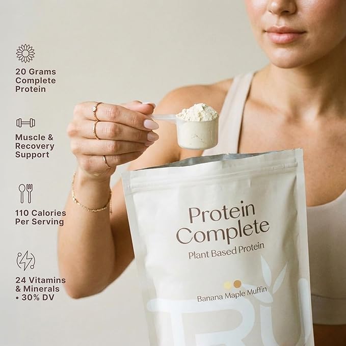 TRU Supplements Plant Based Protein Powder BCAA EAA 20g Vegan Brown Rice &amp Pea Protein 100 Calories 27 Vitamins No Artificial Flavors 25 Servings (Banana Maple Muffin)
