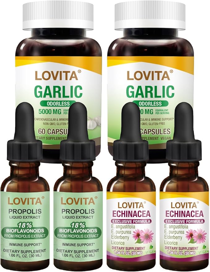 LOVITA Complete Wellness Bundle - 2 Propolis Drops 2 Odorless Garlic &amp 2 Echinacea Extracts Alcohol-Free Defense Kit (6 Pc Set)