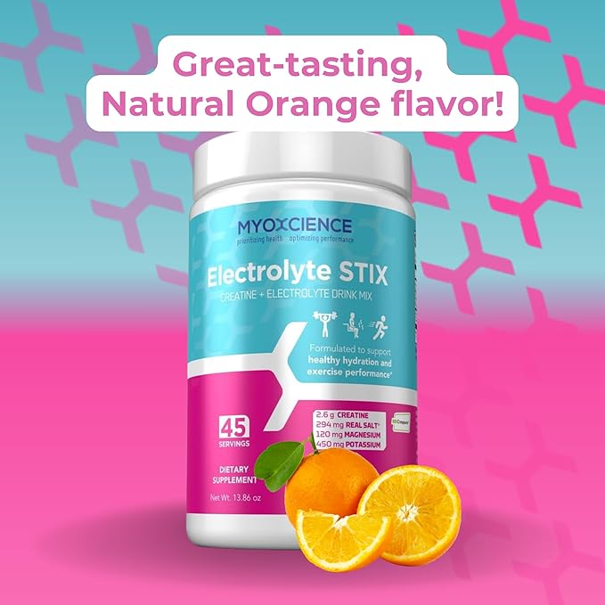 MYOXCIENCE Electrolyte STIX | Creatine Electrolyte Powder | Recovery from Exercise &amp Muscle Development w/Real Salt (Natural Orange Flavor) (Jar 45 ct)