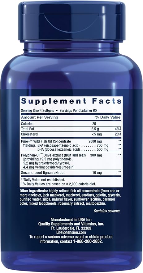 Life Extension Super Omega-3 EPA/DHA Fish Oil Sesame Lignans &amp Olive Extract – Heart Health Brain Health Inflammation Health Support Gluten-Free Easy to Swallow Non-GMO 240 Softgels