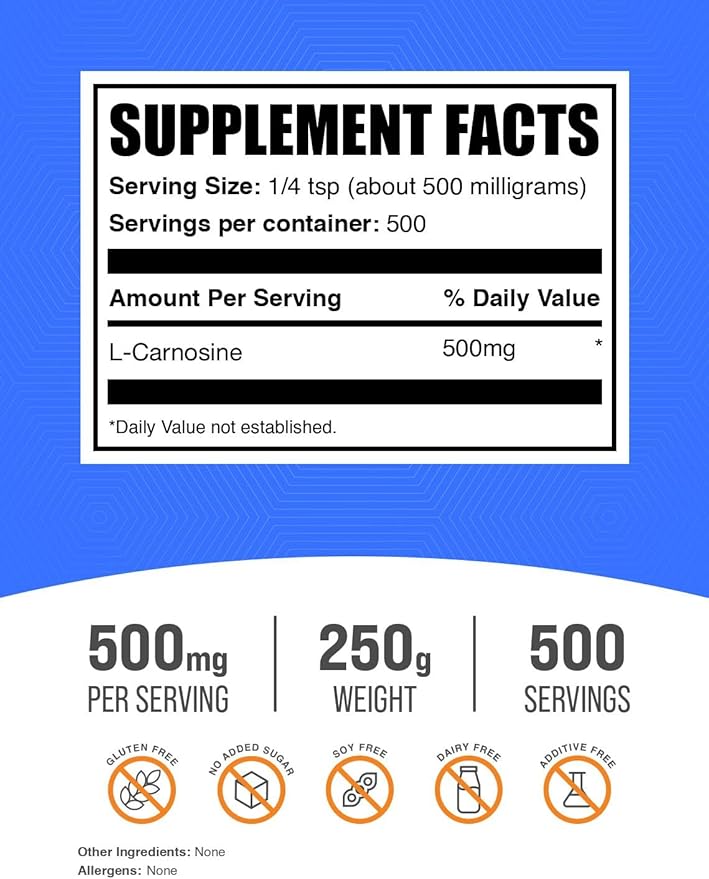BulkSupplements.com L-Carnosine Powder - Carnosine Supplement Carnosine 500mg - Amino Acid Supplement Gluten Free 500mg per Serving 250g (8.8 oz) (Pack of 1)