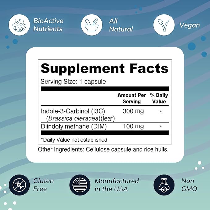 Wellness Resources I3C + DIM for Healthy Estrogen Metabolism Detoxification (60 Capsules) - 300mg I3C + 100mg DIM - Vegan Gluten-Free