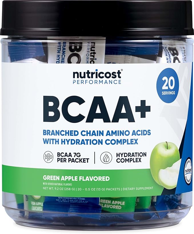 Nutricost BCAA+ Hydration Green Apple Flavored (20 Stickpacks) - Branched Chain Amino Acids with Hydration Complex - Gluten-Free Non-GMO