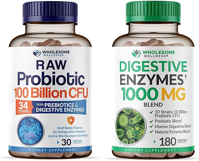 Wholesome Wellness Organic Probiotics 100 Billion CFU + Digestive Enzymes 1000mg with Prebiotics Bundle