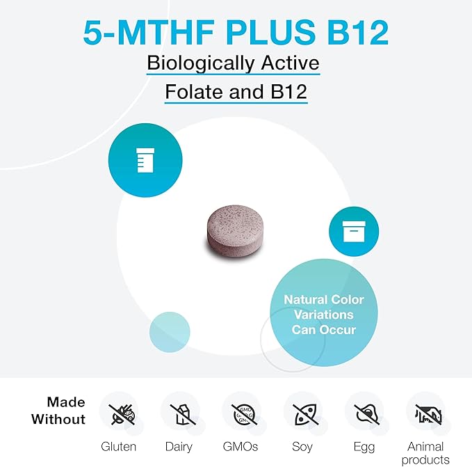 XYMOGEN 5-MTHF Plus B12 - Biologically Active L Methylfolate Supplement - Support Methylation &amp Nervous System Health - Great-Tasting Cherry Flavor (30 Quick-Dissolve Tablets)