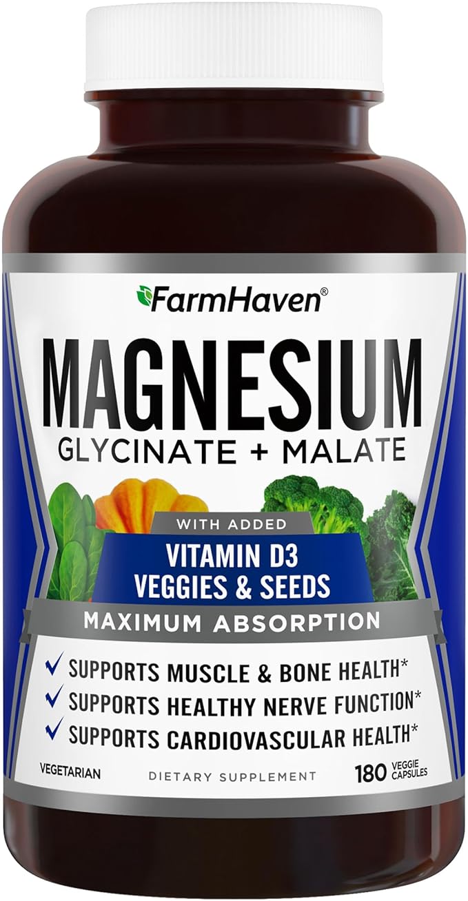 FarmHaven Magnesium Glycinate &amp Malate Complex w/Vitamin D3 100% Chelated for Max Absorption Vegetarian – Bone Health Nerves Muscles 180 Capsules 90 Days