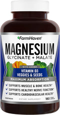 FarmHaven Magnesium Glycinate &amp Malate Complex w/Vitamin D3 100% Chelated for Max Absorption Vegetarian – Bone Health Nerves Muscles 180 Capsules 90 Days