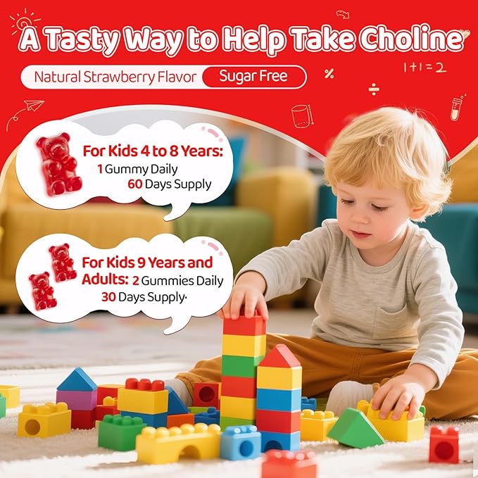 Choline Gummies for Kids &amp Adults Choline Supplements 500mg with DHA Phosphatidylserine for Brain Health Focus Immune Support Sugar-Free Vegan Strawberry Flavor 60 Gummies