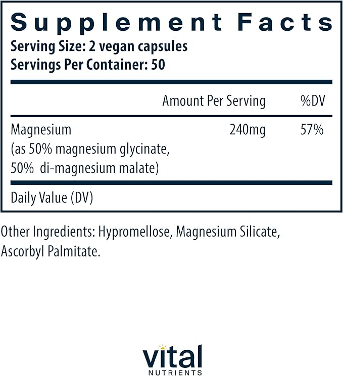Vital Nutrients Magnesium Glycinate + Malate - 120mg Vegan Magnesium Supplement for Women and Men - Muscle Heart Bone Support* - Promotes Relaxation - Gluten Dairy and Soy Free - 100 Capsules