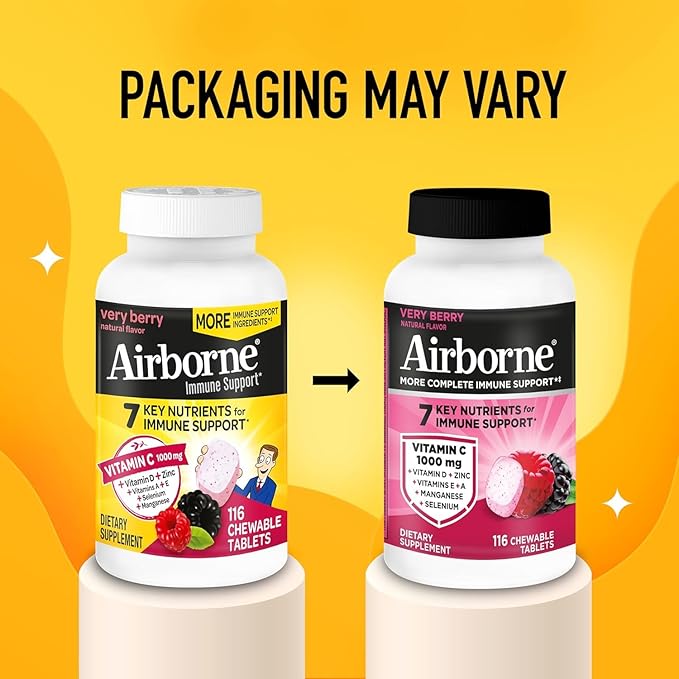 Airborne 1000mg Vitamin C + Zinc Immune Support Supplement Chewable Tablets Powerful Antioxidants Vitamins A C &amp E 116 Chewable Tablets Very Berry Flavor (2 Pack)
