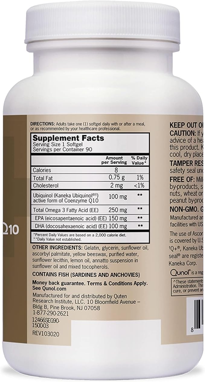 Qunol Plus Ubiquinol CoQ10 100mg with Omega 3 Fish Oil 250mg Extra Strength Antioxidant Supplement 90 Count