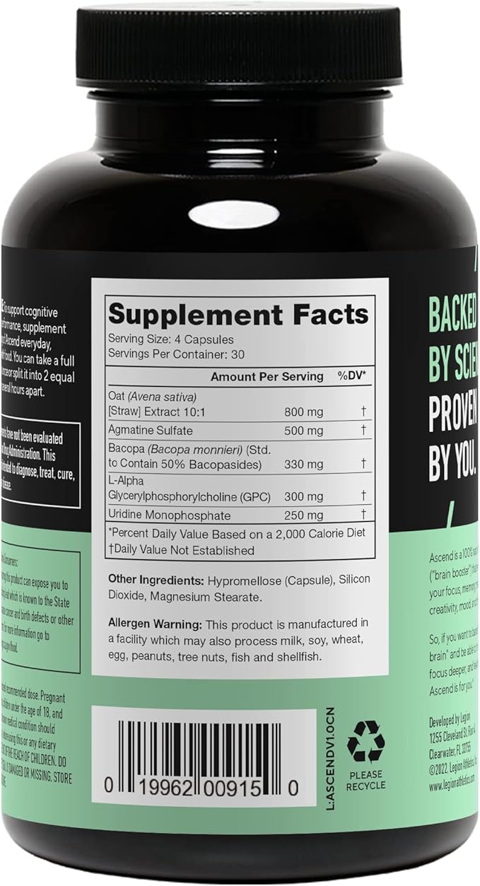 LEGION Athletics Ascend Nootropic - All-Natural Brain Supplements for Memory and Focus - Nootropics Brain Support Supplement with Alpha-GPC - Brain Supplement for Alertness &amp Mood Support 30 Serv