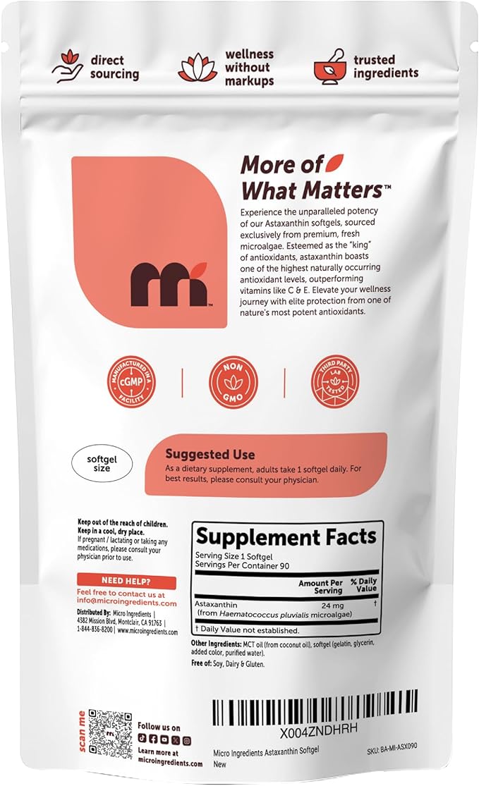 Micro Ingredients Astaxanthin 24mg with MCT Oil 90 Softgels | Max Strength Astaxanthin Antioxidant Supplements* | Fresh Microalgae Source | Non-GMO Gluten Free No Soy