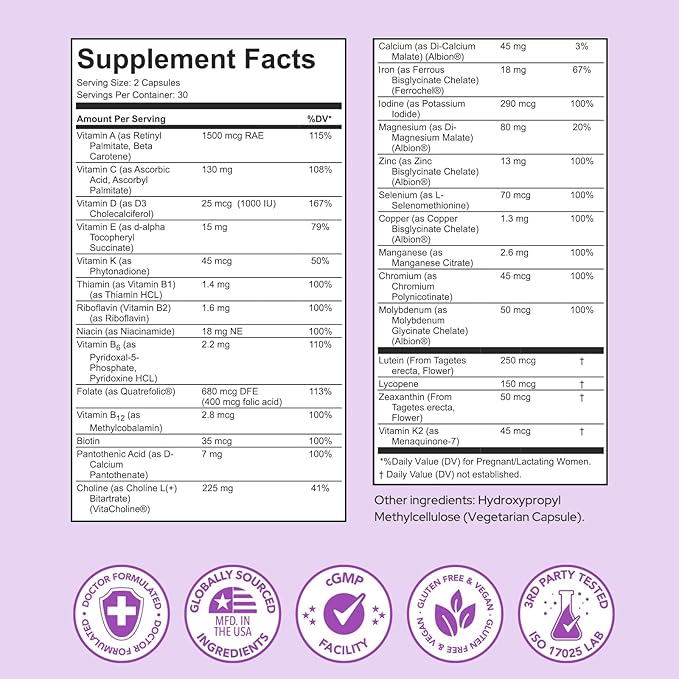 Premom Prenatal Vitamins for Women 27-in-1 Womens Prenatal Multivitamin &amp Mineral Supplement Pregnancy Essentials 680mcg 5-MTHF Methylfolate 225mg Choline &amp Iron 60 Veggie Capsules Lemo