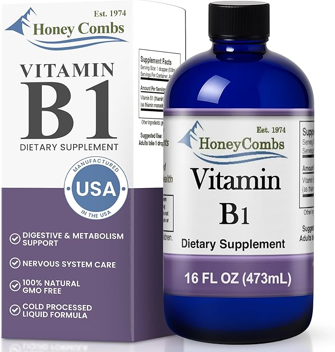 HoneyCombs B1 Supplement (Thiamine) Liquid Drops - High Potency Thiamine B1 Supplement for Men &amp Women - Maintain Nervous System Energy &amp Overall Health - Vegan Liquid B Vitamins (16 Fl oz)