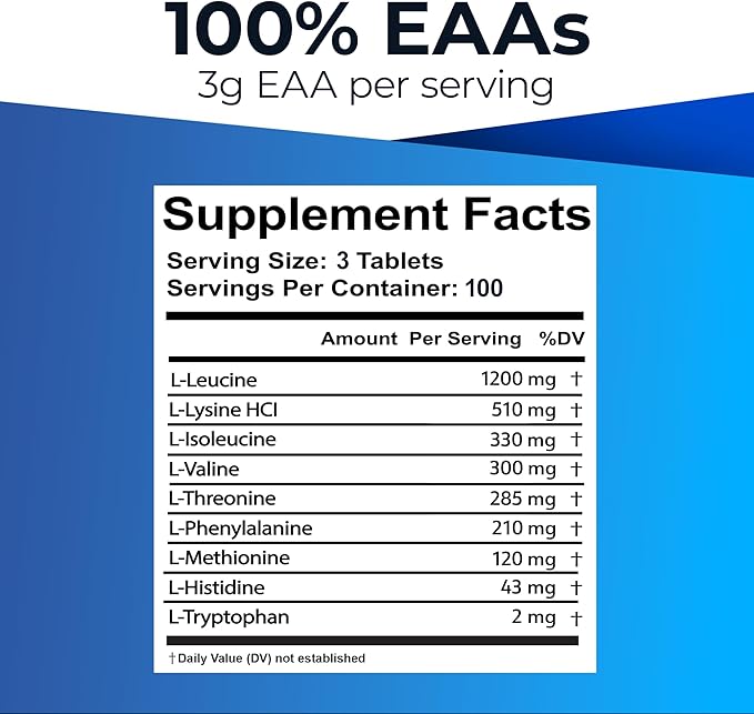 Ultimate Essential Amino Acids Supplement for Cutting Fasting &amp Workouts | All 9 EAAs 3000mg | 40% Leucine 4:1:1 BCAA Ratio | Binder-Free with Organic Coating | Vegan Keto Non-GMO | 300 Table
