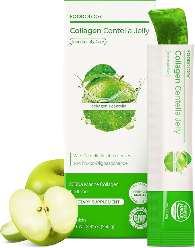 FOODOLOGY Collagen Centella Jelly (Green Apple) – Collagen Peptide with PDRN – Biotin Vitamin A &amp E for Skin Glow Hair &amp Nails – Korean Beauty Supplement – 10 Sticks