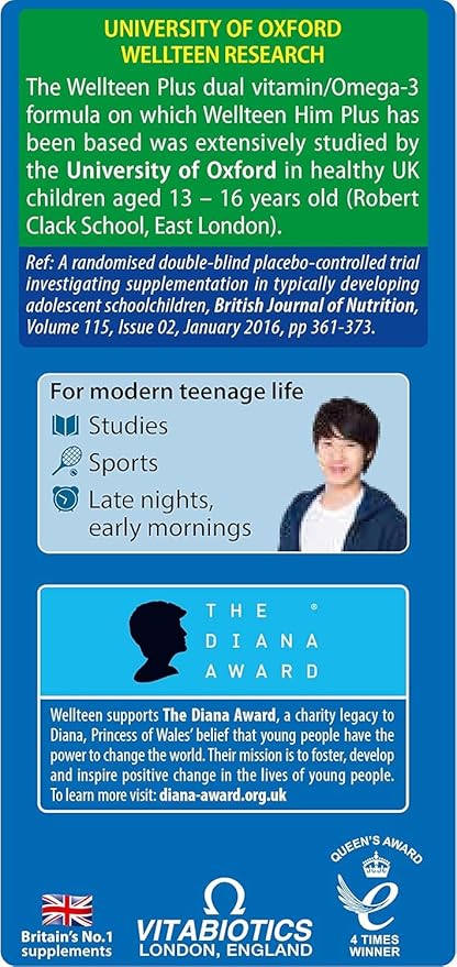 UK's Well Teen Him Plus Omega-3 - Maximum Nutritional Support for Teenagers and Young Men Ages 13-19 - 56 Tablets and Capsules