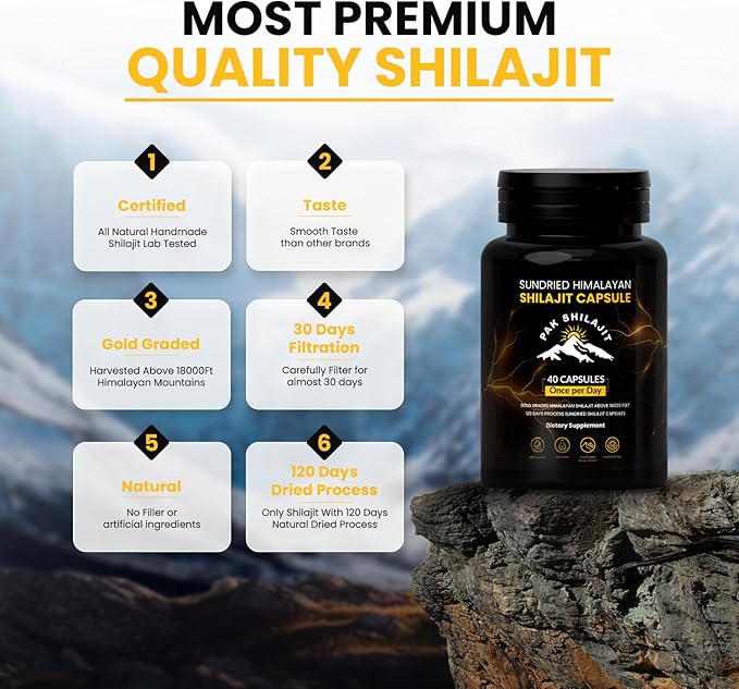120 Days Naturally Sun-Cured Himalayan Shilajit Capsules | Gold Grade Above 18000 FT | Organic | 85+ Natural Minerals | Rich in Fulvic &amp Humic Acid | Men &amp Women | 40 Capsules