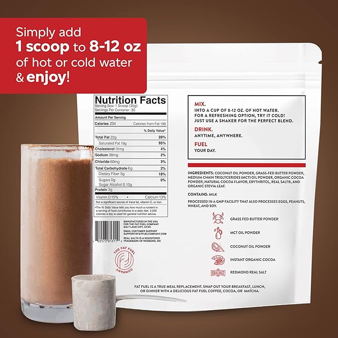 Fat Fuel Keto Cocoa 22g Premium Fats - with Grass Fed Butter MCT Oil Coconut &amp Redmond Real Salt - Instant Organic Cocoa One Net Carb A True Meal Replacement - 30 Bulk Powder Servings