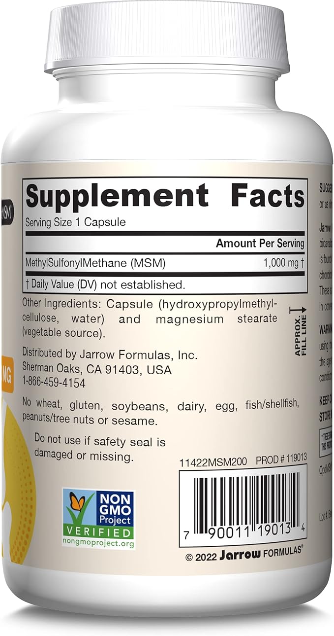 Jarrow Formulas MSM 1000 mg - 200 Veggie Capsules - Methylsulfonylmethane - Source of Sulfur - Dietary Supplement Supports &amp Strengthens Joints - Up to 200 Servings