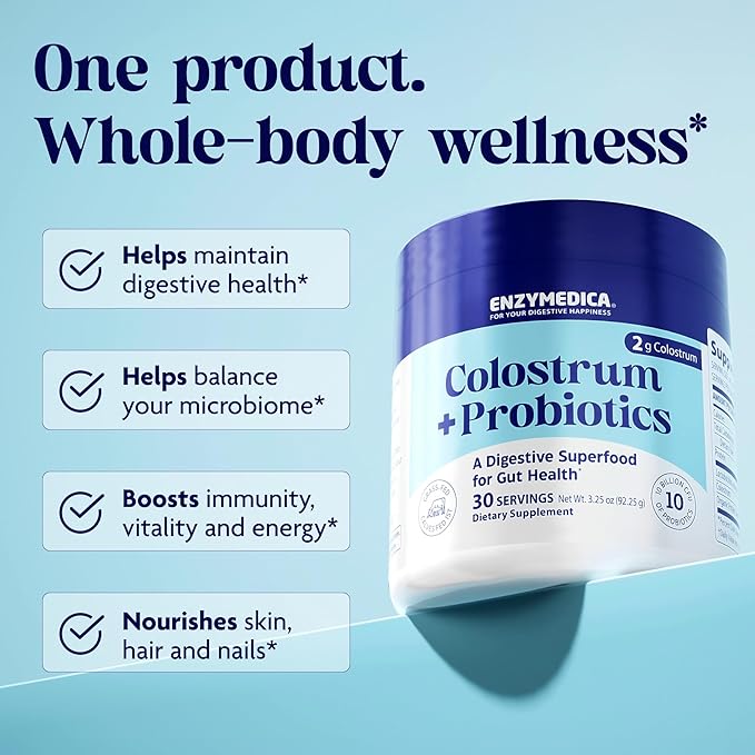 Enzymedica Colostrum + Probiotics Powder Supplement - Grass Fed Bovine Colostrum for Women &amp Men Peptide &amp Lactoferrin Support Promotes Hair Skin Nails Immune &amp Gut Health Gluten Fre