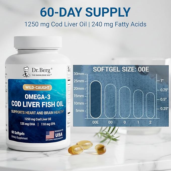 Dr. Berg Omega-3 Cod Liver Fish Oil 60 Softgels – Wild-Caught Icelandic Cod – Omega 3 EPA &amp DHA – Heart Brain Immune &amp Eye Support* – Lemon Flavor – 4X Lab-Tested – Non-GMO No Fillers