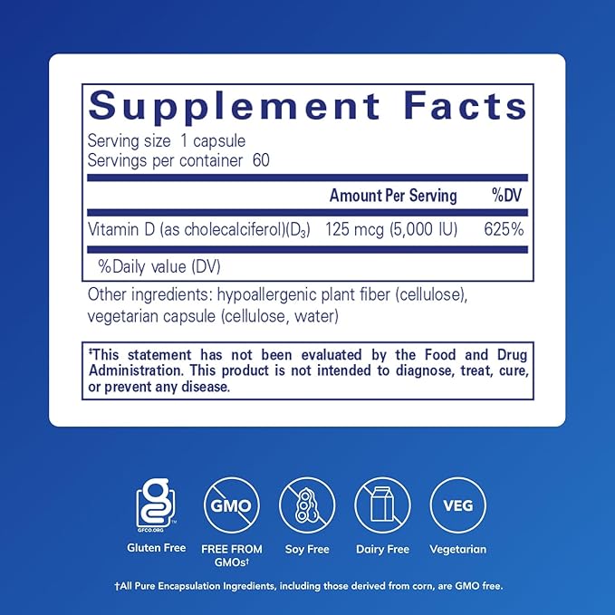 Pure Encapsulations Vitamin D3 125 mcg (5000 IU) - Supplement to Support Bone Joint Breast Heart Colon and Immune Health* - with Vitamin D - 60 Capsules