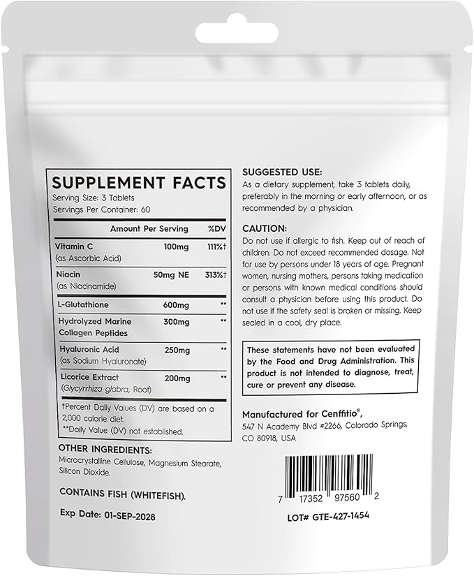 Glutathione Supplement – Formula with Vitamin C Niacinamide Licorice Extract Collagen &amp Hyaluronic Acid - 180 Tablets - 360 Tablets