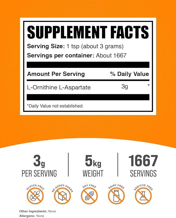 BulkSupplements.com L-Ornithine L-Aspartate Powder - Ornithine Supplement Amino Acid Supplement - Gluten Free 3g per Serving 1kg (Pack of 5) (11 lbs)
