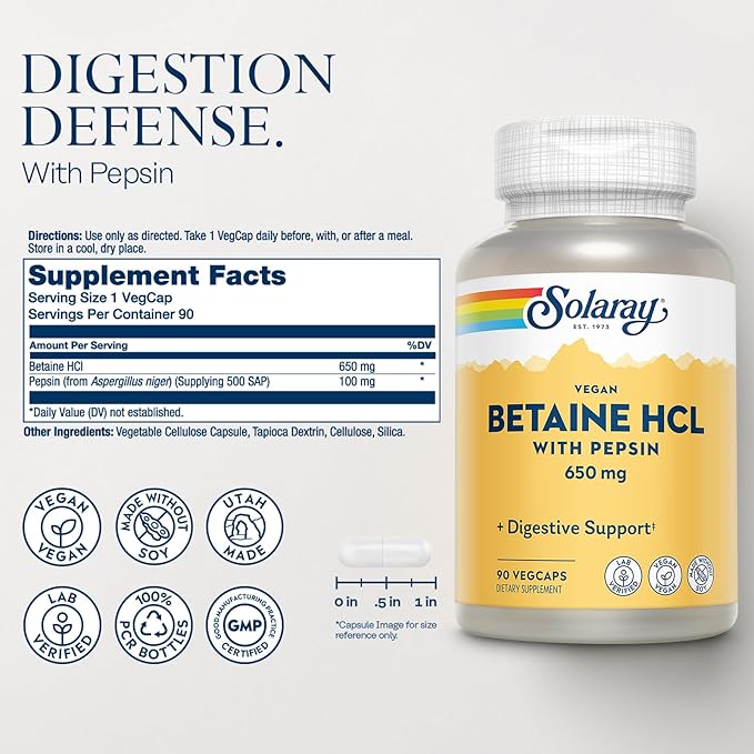 SOLARAY Vegan Betaine HCL with Pepsin - Hydrochloric Acid Supplement for Digestive Health - with Betaine Hydrochloride and Digestive Enzymes - Gut Health Support - 60-Day Guarantee 90 VegCaps