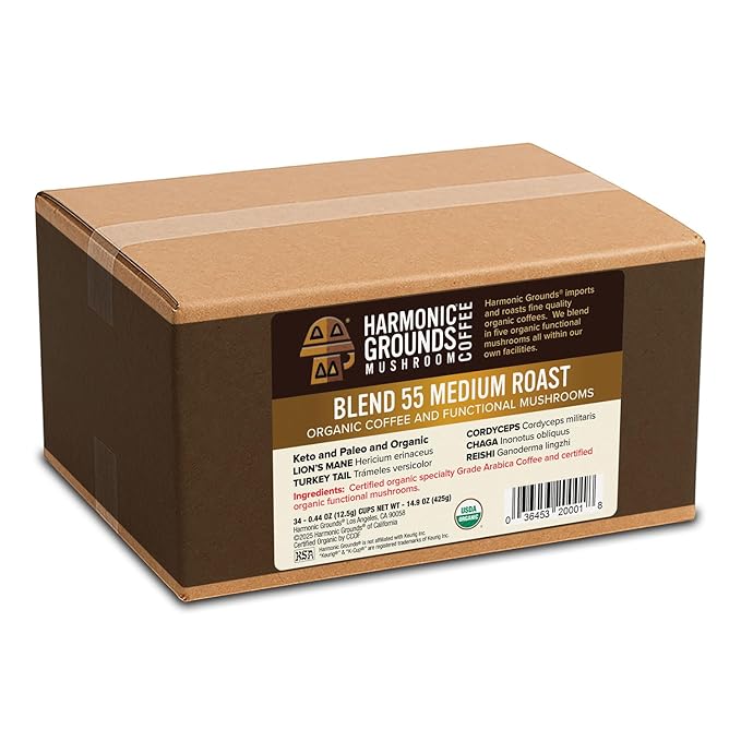 Harmonic Grounds Organic Mushroom Coffee Pods - Medium Roast Coffee with Lion's Mane Reishi Chaga Cordyceps &amp Turkey Tail - Compatible with Keurig K-Cup Brewers - 34 Count