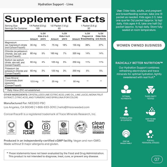 Needed. Hydration Support with Electrolytes &amp Trace Minerals – Electrolytes for Pregnancy &amp During Lactation - 30 Hydration Packets Lightly Sweetened with Hint of Lime