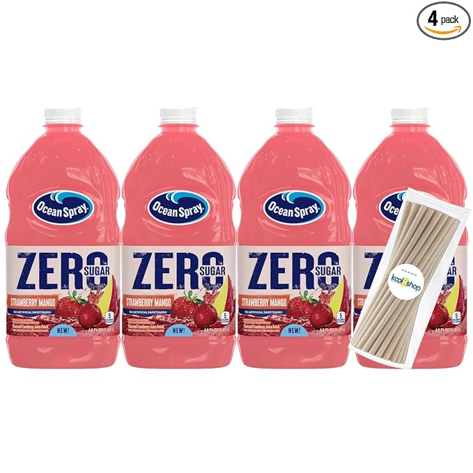 Ocean Spray Strawberry Mango Zero Sugar Fruit Juice Drink 64 fl oz 4 Pack + 15 Sugarcane Disposable Straws by KOOL8SHOP Infinite Deals