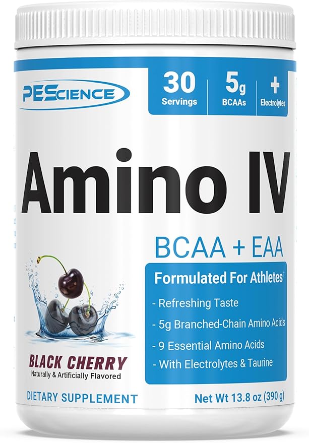PEScience Amino IV BCAA &amp EAA Powder Essential Amino Acids Taurine Electrolytes for Hydration and Muscle Recovery Sugar Free for Men &amp Women Post Workout - Black Cherry 30 Servings