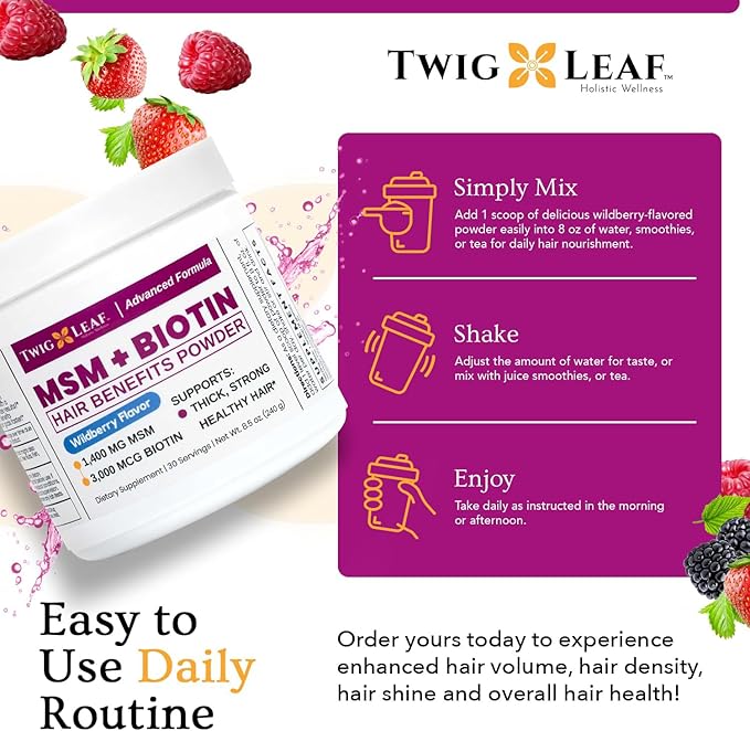 MSM + Biotin Hair Benefits Powder - Hair Growth MSM Supplement for Women &amp Men - Biotin &amp Vitamin C Blend - Wildberry MSM Powder for Hair Volume &amp Strength - Gluten-Free - 30 Servings (8.5