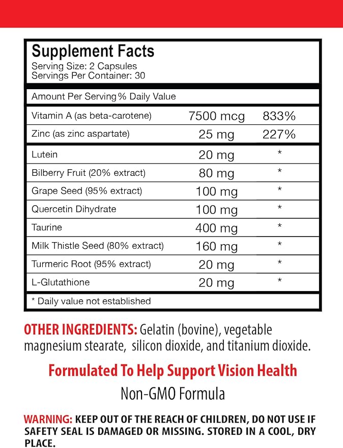 L-Glutathione - Eye Vision Guard - Lutein Bilberry Fruit Grape Quercetin Dihydrate Taurine Milk Thistle Turmeric Root Taurine Lutein Grape Quercetin 1 Bottle 60 Capsules