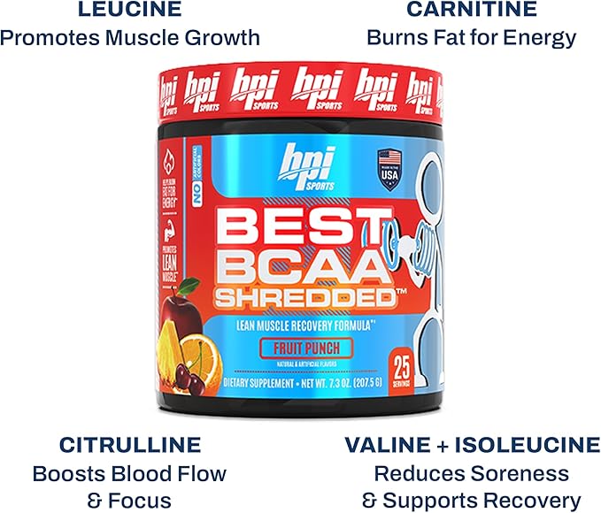 BPI Sports Best BCAA Shredded - Caffeine Free Thermogenic Recovery Drink Lean Muscle Building BCAA Powder for Women and Men Preworkout BCAAs Amino Acids Drink- Fruit Punch - 25 Servings