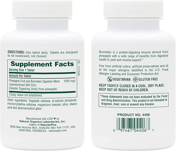 NaturesPlus Ultra Bromelain - 60 Tablets - 1500 mg of Pineapple Bromelain - Supports Digestive Health Joint Support &amp More - 60 Servings