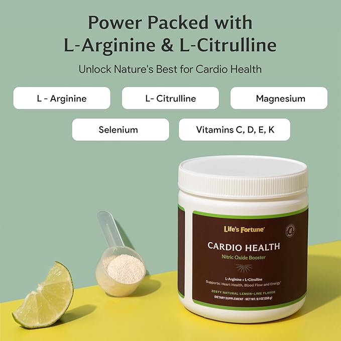 Life's Fortune L Arginine L Citrulline Supplement Powder - High Potency Nitric Oxide Supplement Booster with Natural Lemon Lime Flavor - Cardio Health Blood Pressure and Vascular Support - 258g