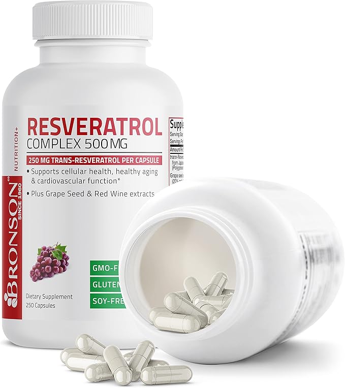 Bronson Resveratrol 500 Complex Standardized Trans-Resveratrol + Grape Seed &amp Red Wine Extract 250 Capsules
