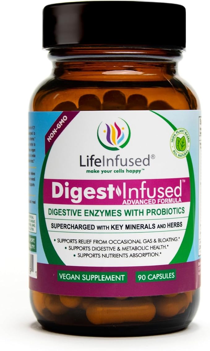 Life Infused Digestive Enzymes with Probiotics – 21 Plant-Based Enzymes with Bromelain Papain Amylase &amp Protease – Digestive Support for Gas &amp Bloating – 72 Trace Minerals &amp Herbs – Vega