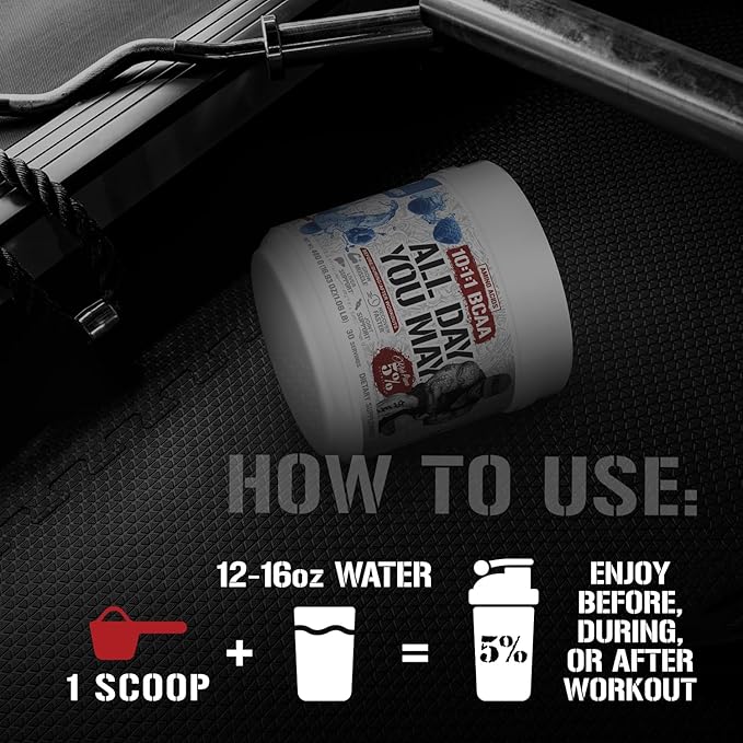5% Nutrition Rich Piana AllDayYouMay BCAA Powder | Premium Intra &amp Post Workout Amino Acids Hydration Endurance Muscle Recovery Joint &amp Liver Support | 18.8 oz 30 Servings (Italian Lemon