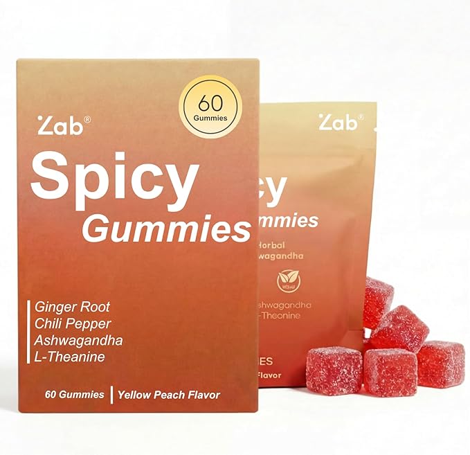 ZAB Spicy Gummies Ashwagandha 45mg with L-Theanine &amp Caffeine – Energy Calm &amp Mood Support Gummies for Couples – Vegan Yellow Peach Flavor Cubes 60 Count
