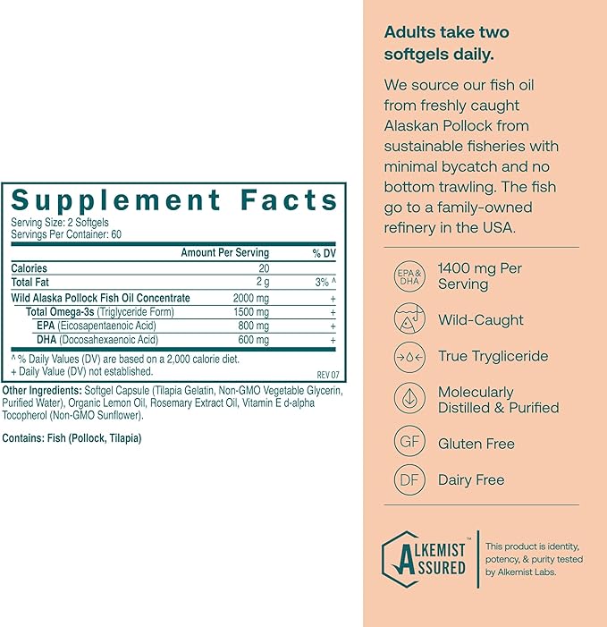 True Grace Omega-3 Fish Oil - 120 Softgels - 1400 mg EPA + DHA - Brain Heart Joint &amp Immune Health - Organic Gluten Free Soy Free