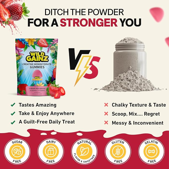 Creatine Monohydrate Gummies Sugar Free 5g - Made in USA - Pre Workout Creatine Chews for Women &amp Men Creatine Gummy Candy Chewable Nutritional Supplements NSF Certified (Strawberry 120 Count)