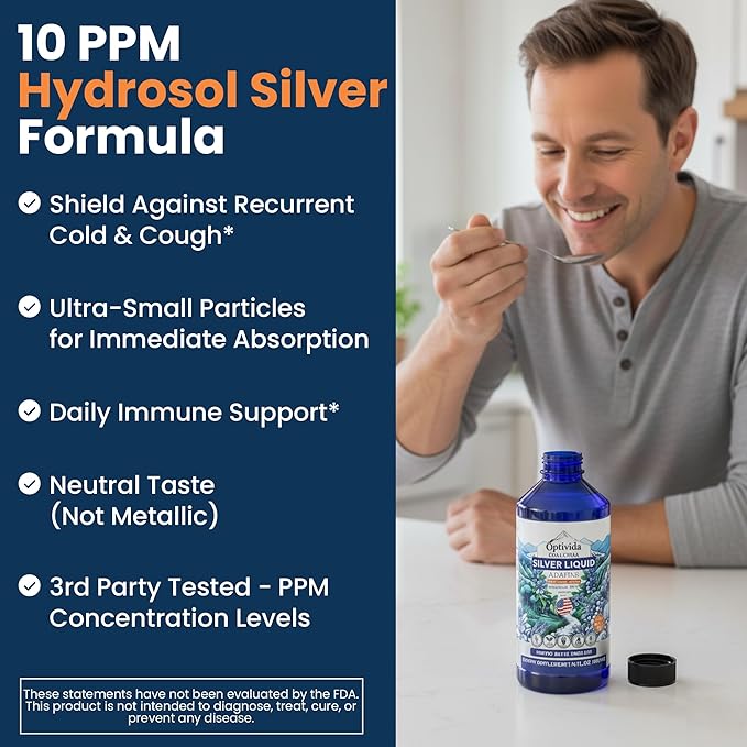 Optivida Colloidal Silver Liquid - 10 PPM Liquid Silver Immune Support Pure Nano Silver Hydrosol Liquid for Family Wellness - Natural Silver Water for Adults &amp Kids Non-GMO 3rd Party Tested - 1