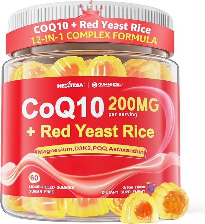 Red Yeast Rice Gummies 600mg &amp CoQ10 200mg for Adult 12-in-1 High Absorption Coenzyme Q10 Supplement Plus Omega 3 PQQ Astaxanthin Methyl B12 Support Brain Energy Immunity Antioxidant 60Ct