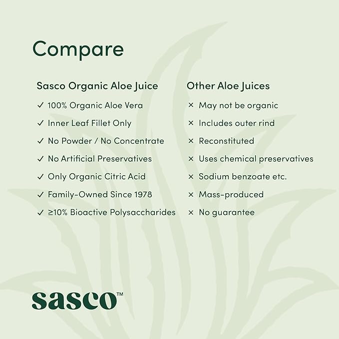 100% Organic Aloe Vera Juice – Inner Fillet Only Naturally Preserved Not from Concentrate Supports Digestive &amp Immune Health – 1L Bottle by Sasco